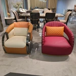 White & Brown Leather Sofa with Smooth Surface Craftsmanship, Natural Wood Veneer & Gold Stainless Steel Trim